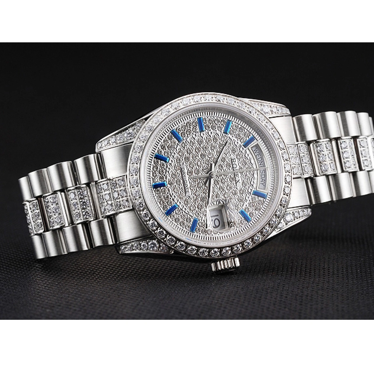 AAA replica watch Swiss Rolex Dial Stainless And Day Diamond And Steel Bezel Date Pave Bracelet 0721